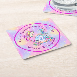 Mermaid 4th Birthday Change Edit Text Personalize Square Paper Coaster