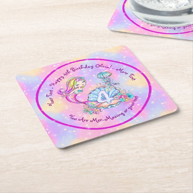 Mermaid 4th Birthday Change Edit Text Personalize Square Paper Coaster (Angled)