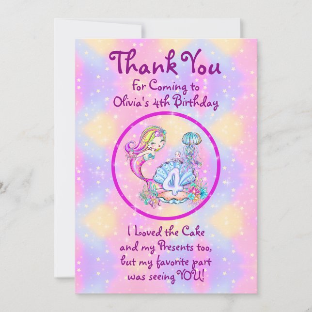 Mermaid 4th Birthday Change Edit Text Personalize Thank You Card (Front)