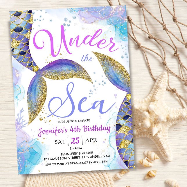 Mermaid 4th Birthday Girl Pink Gold Under the Sea  Invitation (Creator Uploaded)