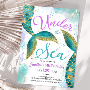 Mermaid 4th Birthday Girl Pink Teal Under the Sea Invitation