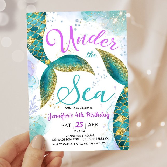 Mermaid 4th Birthday Invite Glitter Under the Sea (Creator Uploaded)