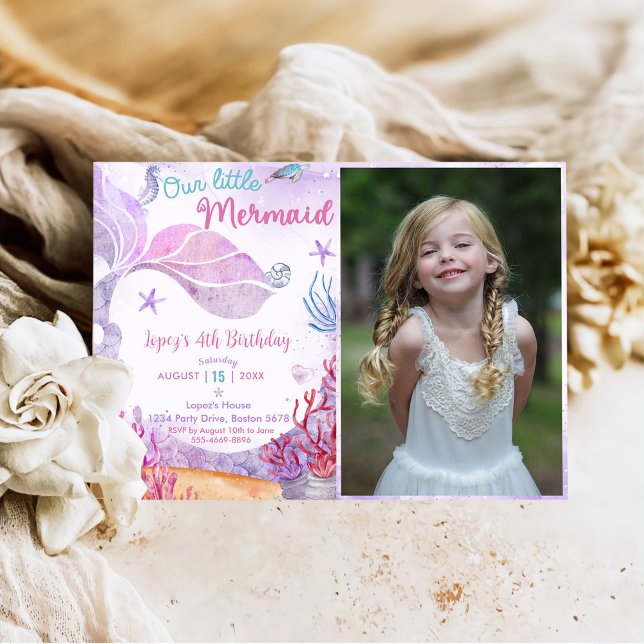 Mermaid 4th Birthday Our Little Mermaid Photo Invitation (Creator Uploaded)