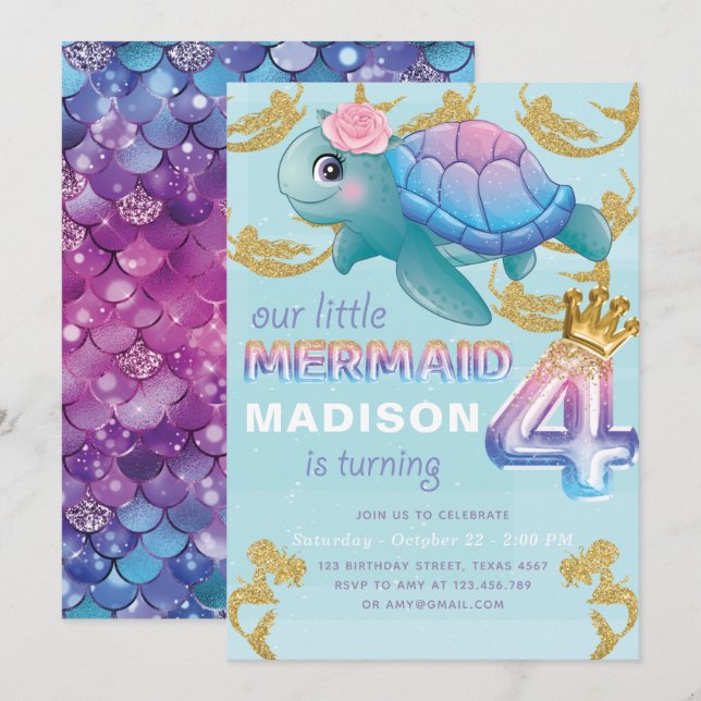 Mermaid 4th Birthday Pink Blue Gold Glitter Invitation (Front/Back)
