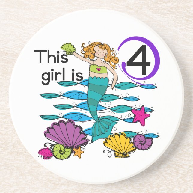 Mermaid 4th Birthday Tshirts and Gifts Coaster (Front)