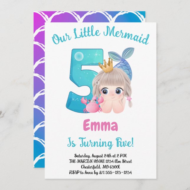 Mermaid 5e anniversaire fête Invitation (Devant / Derrière)