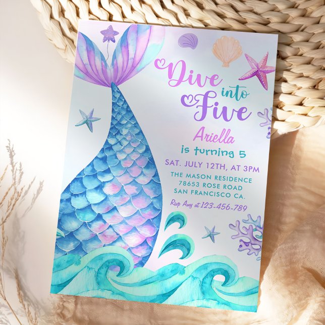 Mermaid 5th Birthday Dive To Five Party Invitation (Creator Uploaded)