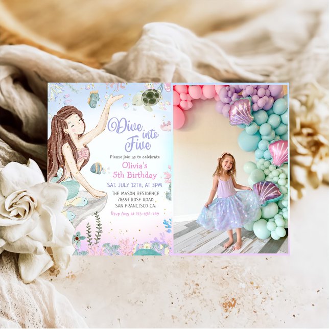 Mermaid 5th Birthday Dive To Five Party Photo Invitation (Creator Uploaded)