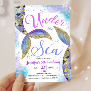 Mermaid 5th Birthday Girl Pink Gold Under the Sea  Invitation