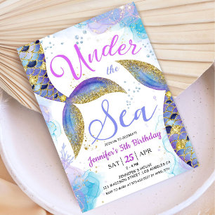 Mermaid 5th Birthday Girl Pink Gold Under the Sea Invitation