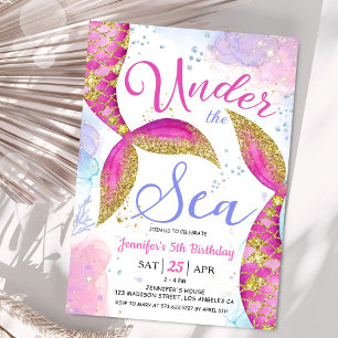 Mermaid 5th Birthday Girl Pink Under the Sea Invitation