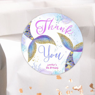 Mermaid 5th Birthday Girls Blue Gold Classic Round Sticker