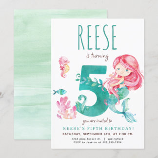 Mermaid 5th Birthday Invitation
