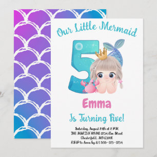 Mermaid 5th Birthday Party Invitation