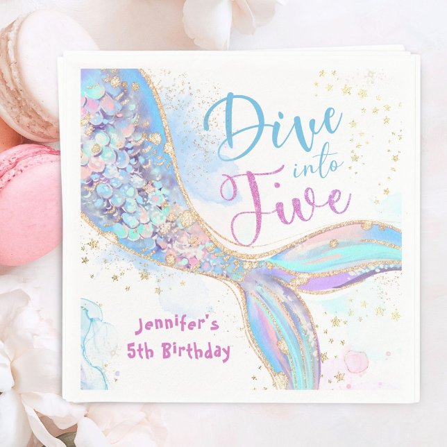 Mermaid 5th Birthday Purple Dive into Five Paper Napkin (Creator Uploaded)