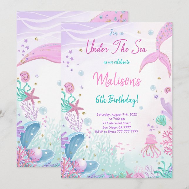 Mermaid 6e anniversaire Invitation (Devant / Derrière)