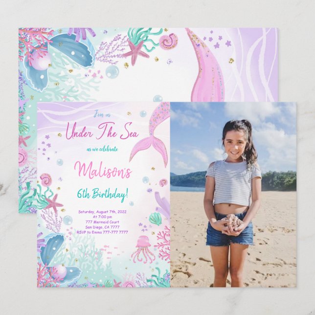 Mermaid 6e anniversaire Invitation photo (Devant / Derrière)