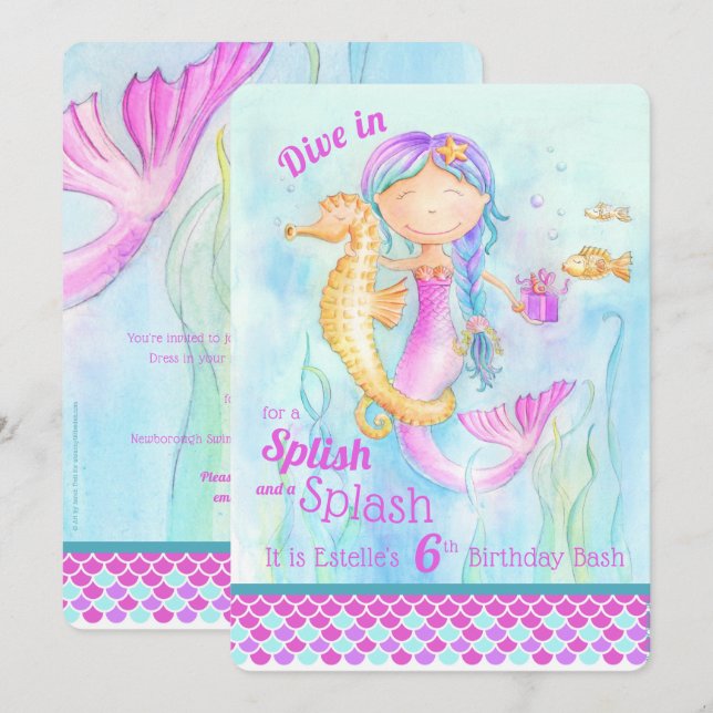 Mermaid 6e anniversaire piscine invitation art (Devant / Derrière)