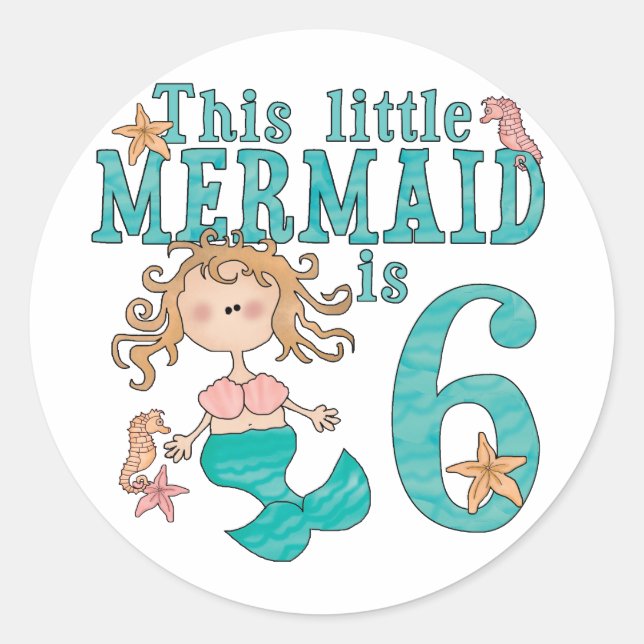 Mermaid 6th Birthday Classic Round Sticker (Front)