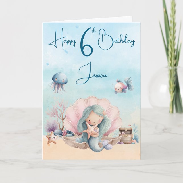 Mermaid 6th Birthday Folded Greeting Card (Front)