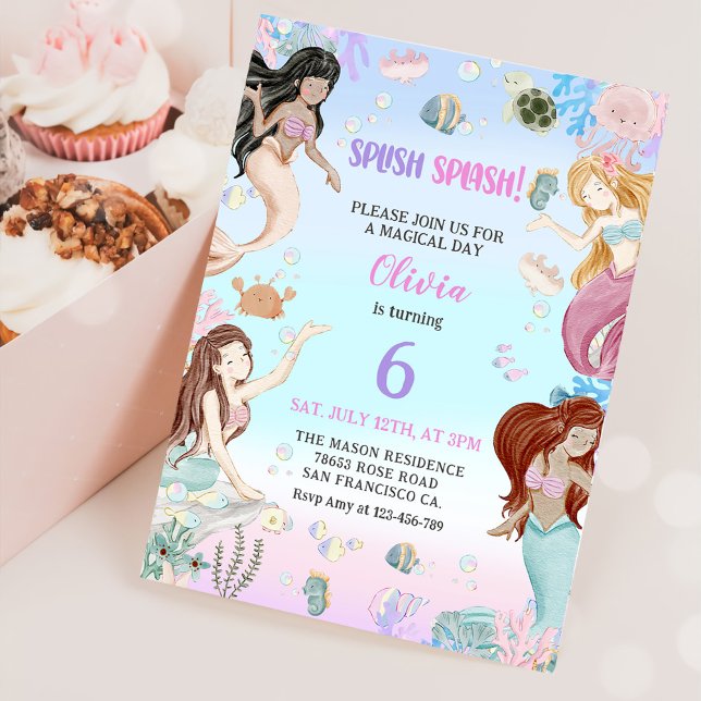 Mermaid 6th Birthday Girl Splish Splash Party Invitation (Creator Uploaded)