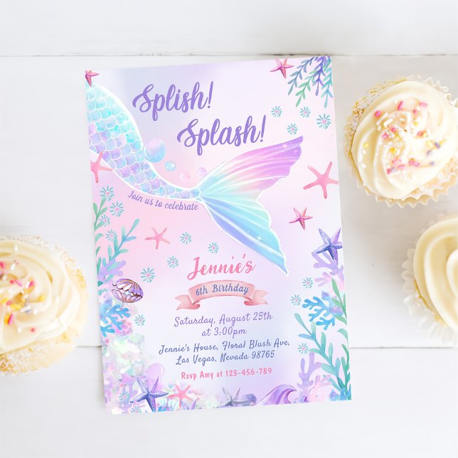 Mermaid 6th Birthday Girl Splish Splash Party Invitation (Creator Uploaded)