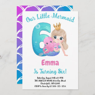 Mermaid 6th Birthday Party Invitation