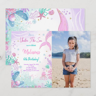 Mermaid 6th Birthday Photo Invitation