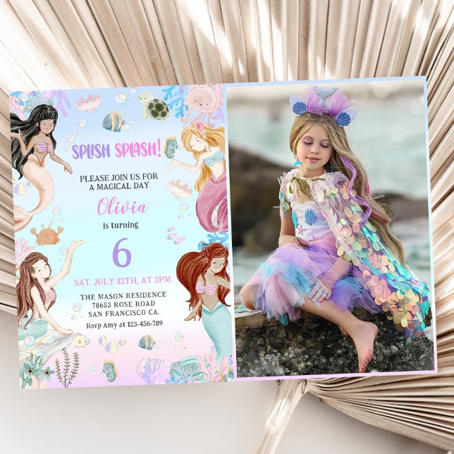 Mermaid 6th Birthday Splish Splash Party Photo Invitation (Creator Uploaded)