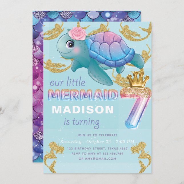 Mermaid 7th Birthday Pink Blue Gold Glitter Invitation (Front/Back)