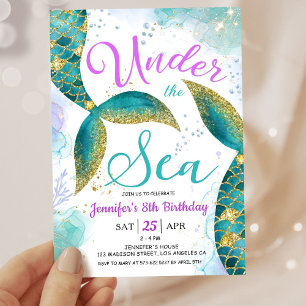 Mermaid 8th Birthday Invite Glitter Under the Sea
