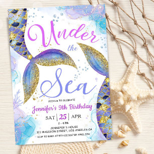 Mermaid 9th Birthday Girl Pink Gold Under the Sea  Invitation