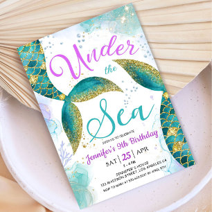 Mermaid 9th Birthday Purple Teal Under the Sea Invitation
