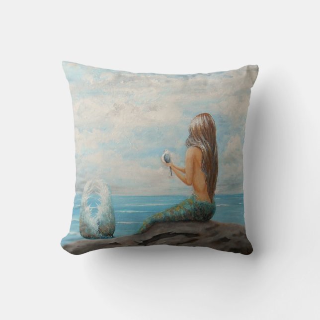 mermaid accent throw pillow, beach house decor throw pillow (Front)