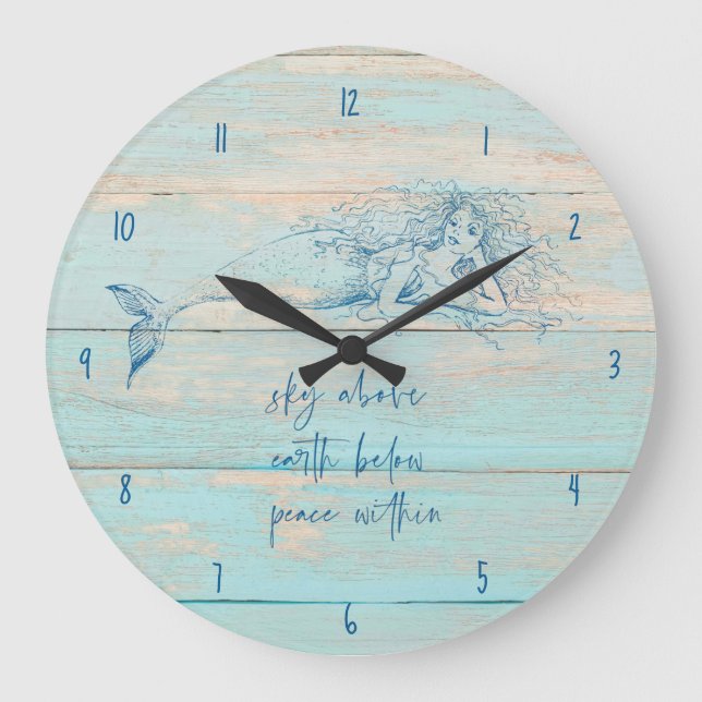 Mermaid Affirmation Rustic Beach Wood Coastal Large Clock (Front)