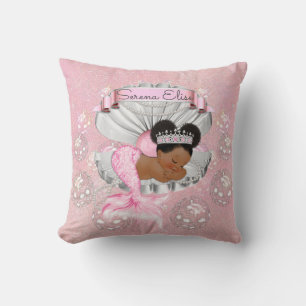 Mermaid African American Baby Pink Shell Pearls Throw Pillow