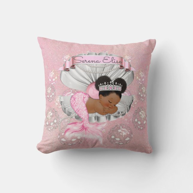 Mermaid African American Baby Pink Shell Pearls Throw Pillow (Front)