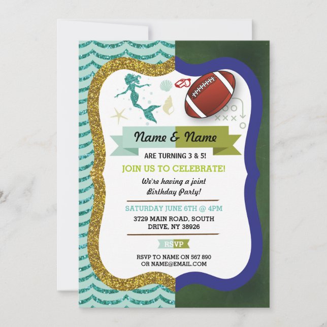 Mermaid & American Football Boy Girl Birthday Invitation (Front)