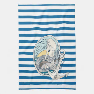 Mermaid and Anchor Blue and White Stripe Towel