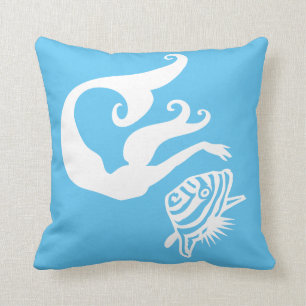 mermaid  and angel fish White on  blue pillow