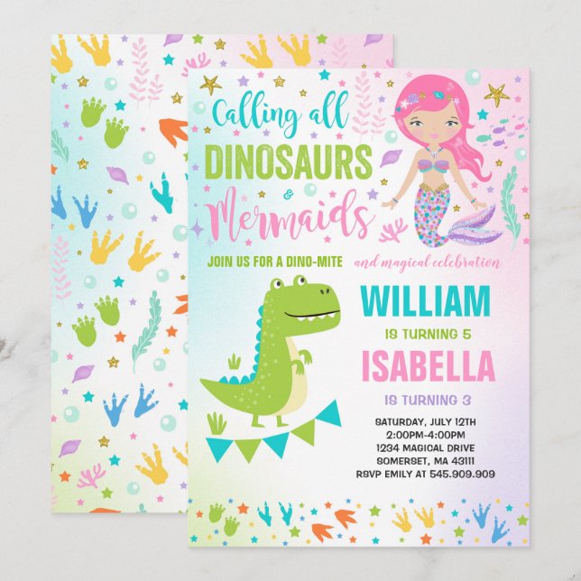 Mermaid And Dinosaur Birthday Invitation Magical (Front/Back)