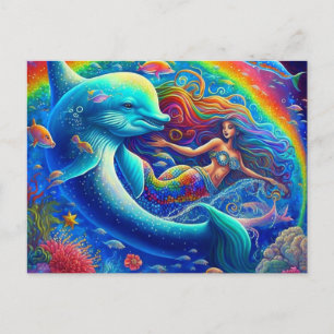 Mermaid and Dolphin Colourful 1990s style Postcard