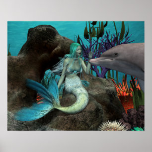 Mermaid and Dolphin Poster