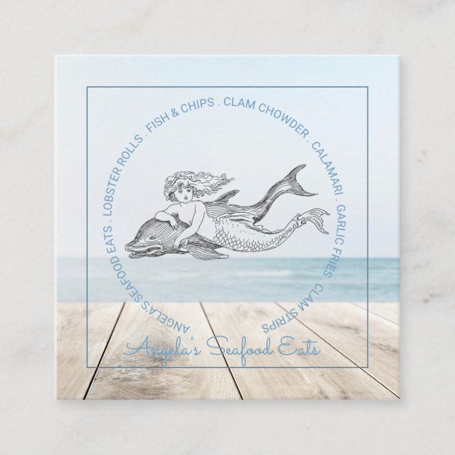Mermaid And Dolphin Sea Food Square Business Card (Front)