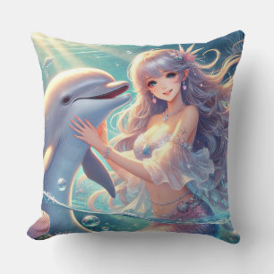 Mermaid and dolphin Square Pillow