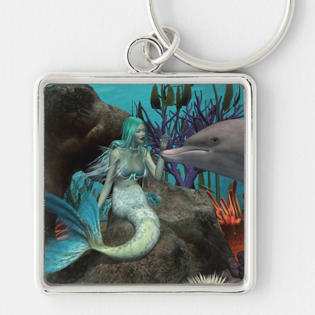 Mermaid and Dolphin Under the Sea Keychain (Front)
