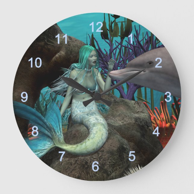 Mermaid and Dolphin Under the Sea Large Clock (Front)