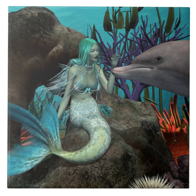 Mermaid and Dolphin Under the Sea Tile (Front)