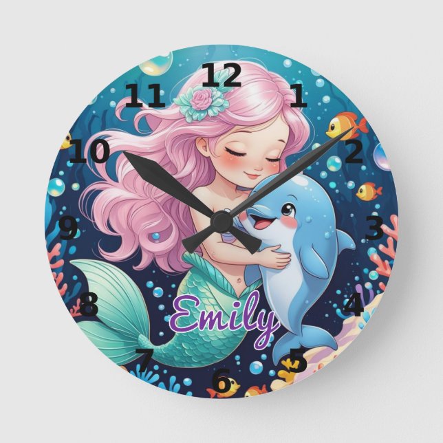 Mermaid and Dolphin Wall Clock – Personalized (Front)