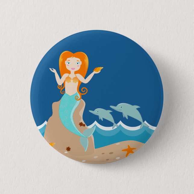 Mermaid and dolphins birthday party 2 inch round button (Front)